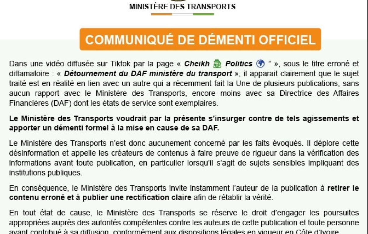 Le ministère des Transports dément toute affaire de détournement
