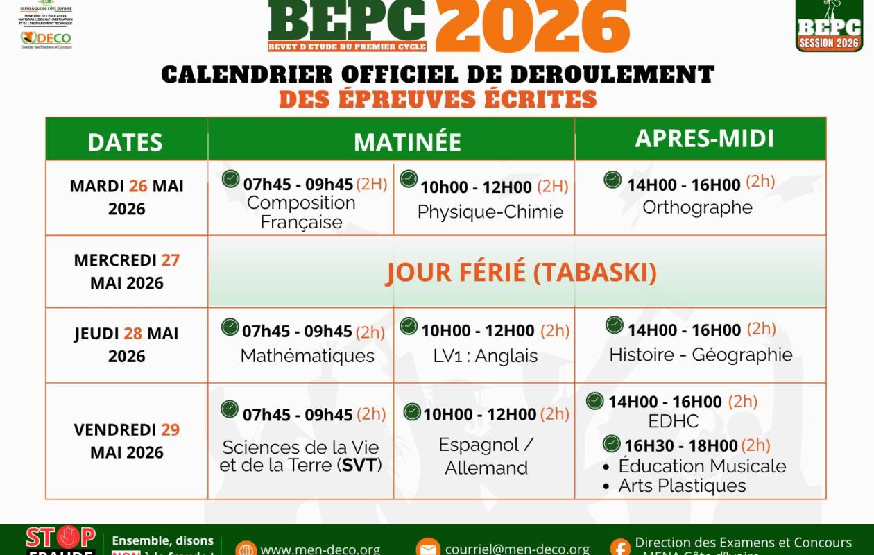 BEPC 2026 : Le calendrier officiel des épreuves écrites dévoilé