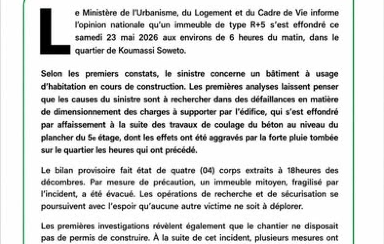 Drame à Koumassi : L'immeuble effondré n'avait aucun permis de construire