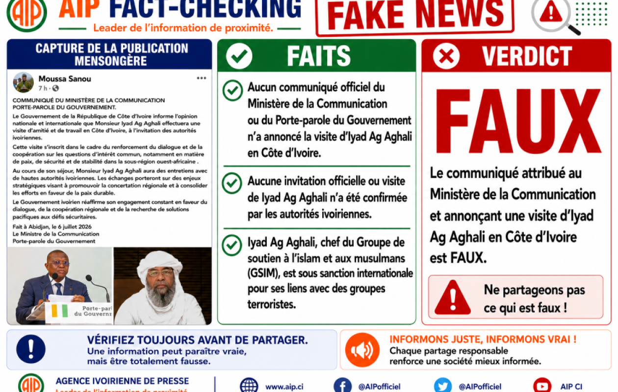 Fact-Checking : Non, le ministère de la Communication n'a pas annoncé de visite d'Iyad Ag Ghali en Côte d'Ivoire